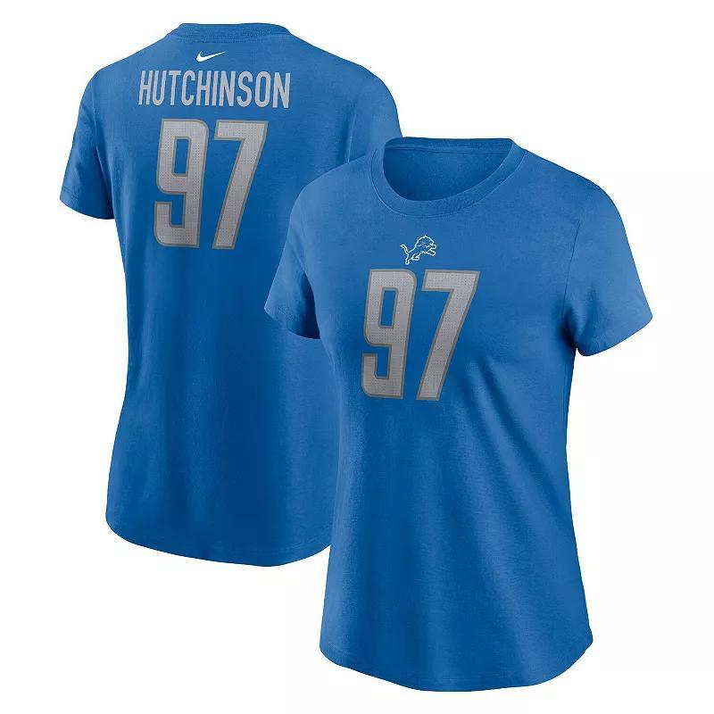 Womens Nike Aidan Hutchinson Blue Detroit Lions Player Name and Number T-shirt Product Image