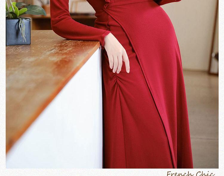 Long-Sleeve Stand Collar Plain Asymmetrical Cutout Ruched Maxi A-Line Dress Product Image