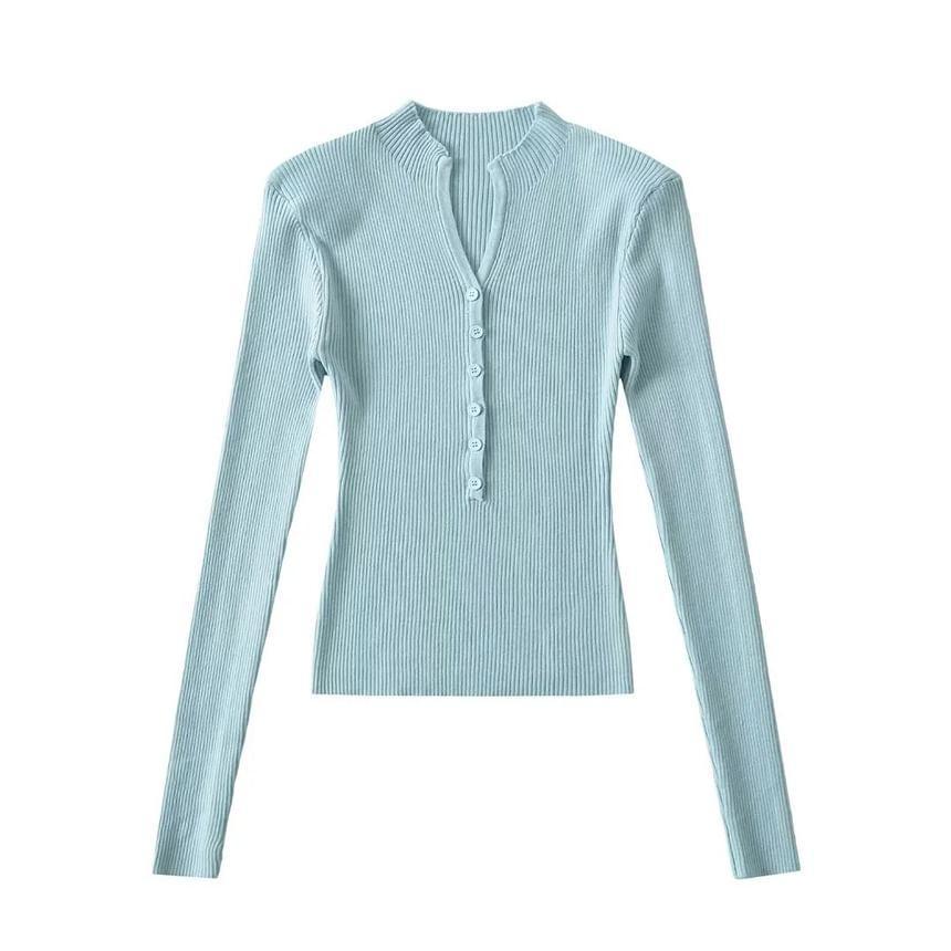 Long-Sleeve Half Buttoned Plain Knit Top Product Image