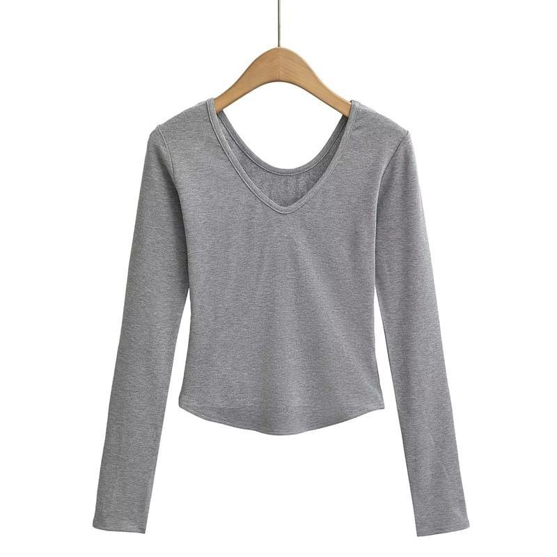 Long-Sleeve V-Neck Plain T-Shirt Product Image