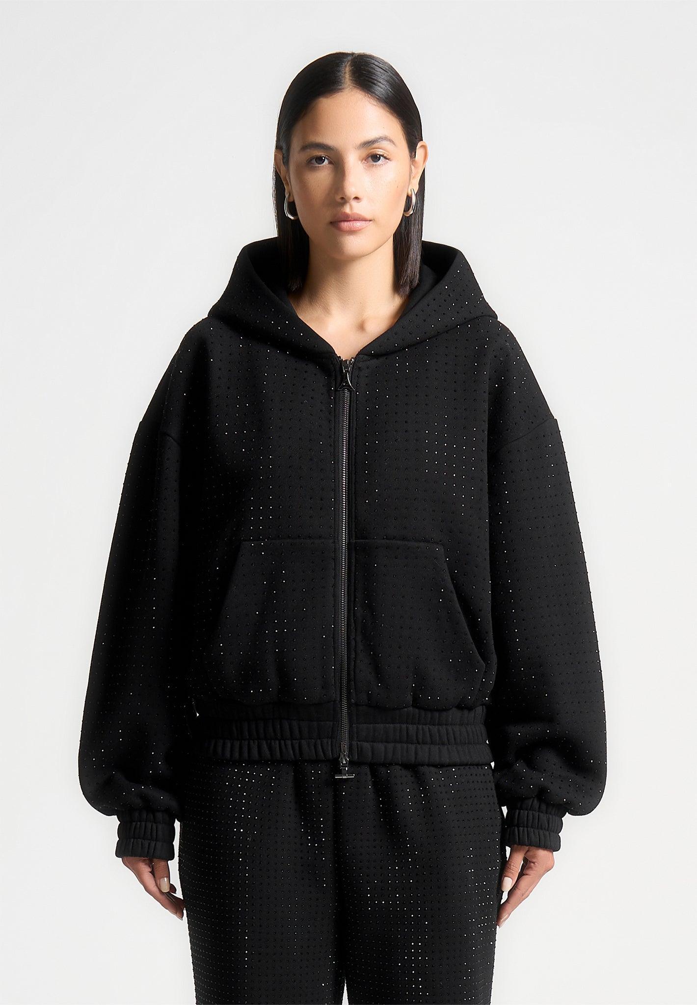 Rhinestone Zip Through Hoodie - Black Female Product Image