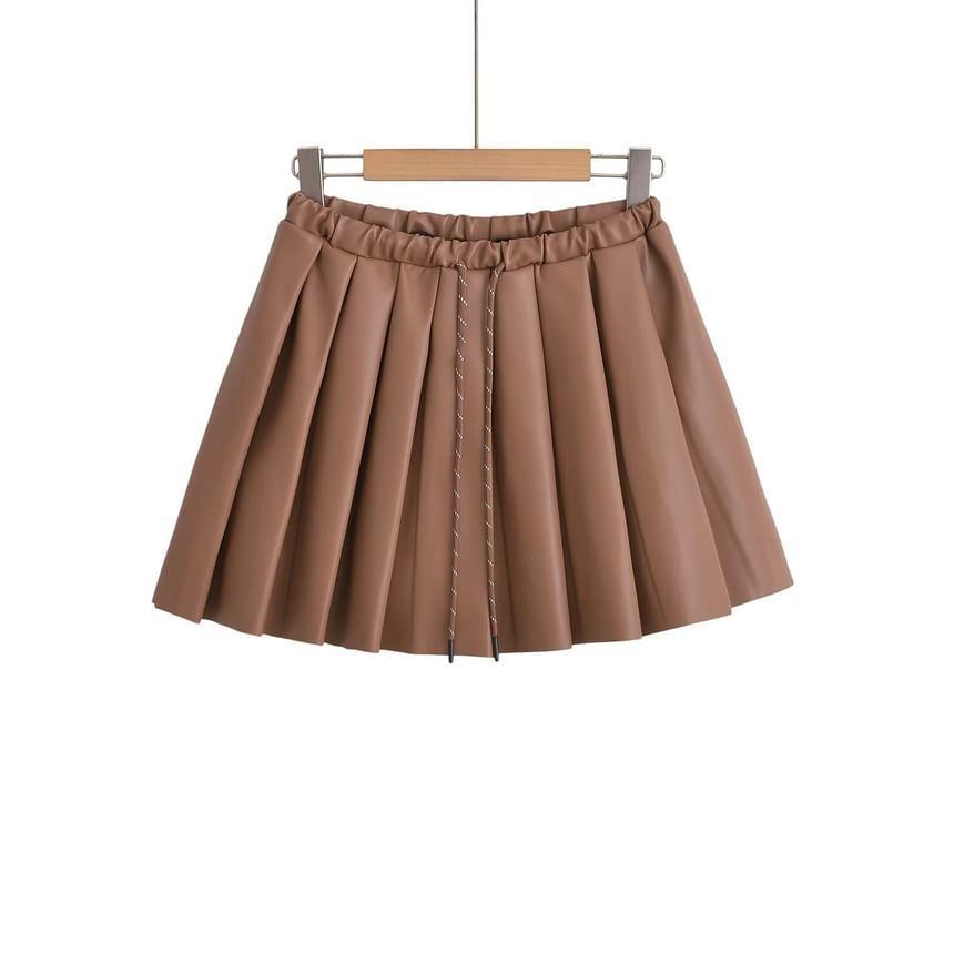 Drawstring Waist Plain Pleated Mini A-Line Skirt Product Image