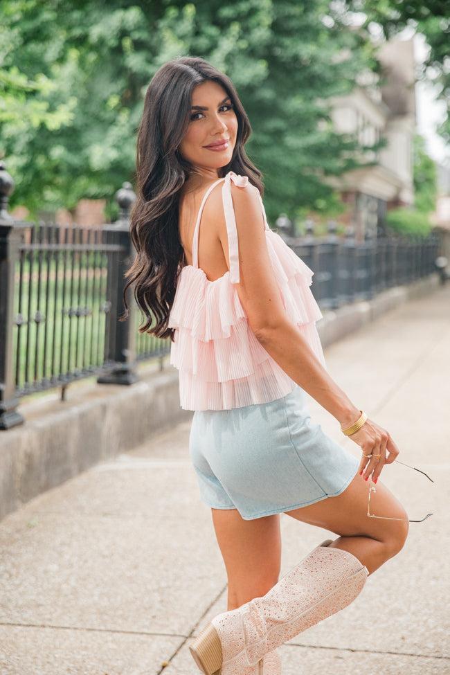 It's Giving Blush Ruffle Tulle Bow Shoulder Tank Product Image