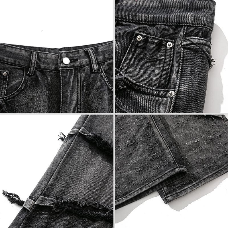 Mid Rise Washed Fringe Straight Leg Jeans Product Image