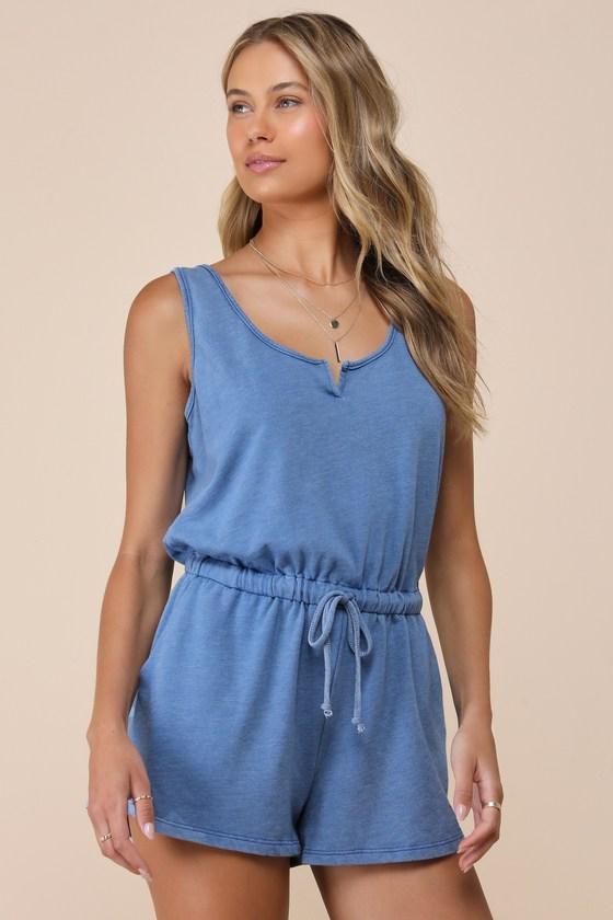 Perfect Lazy Day Blue Sleeveless Drawstring Lounge Romper Product Image