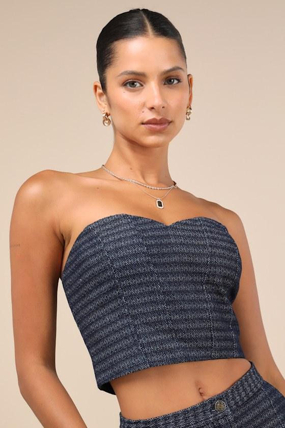 Carefree Fantasy Navy Blue Tweed Strapless Crop Top product image