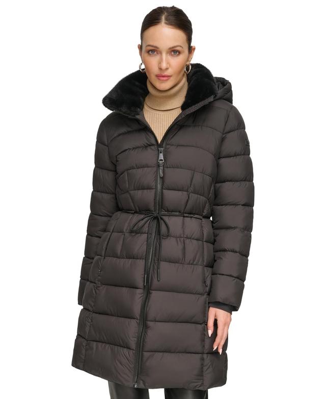 Dkny Womens Rope Belted Faux-Fur-Trim Hooded Puffer Coat Product Image