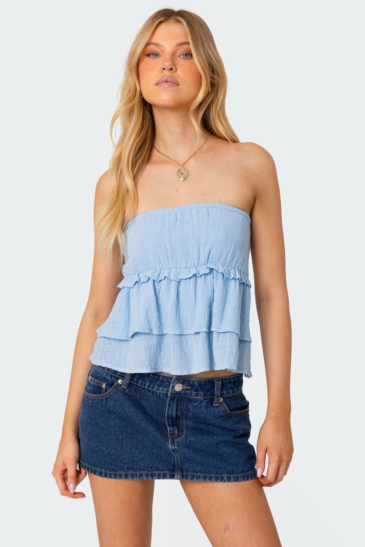 Linen Look Strapless Peplum Top Product Image