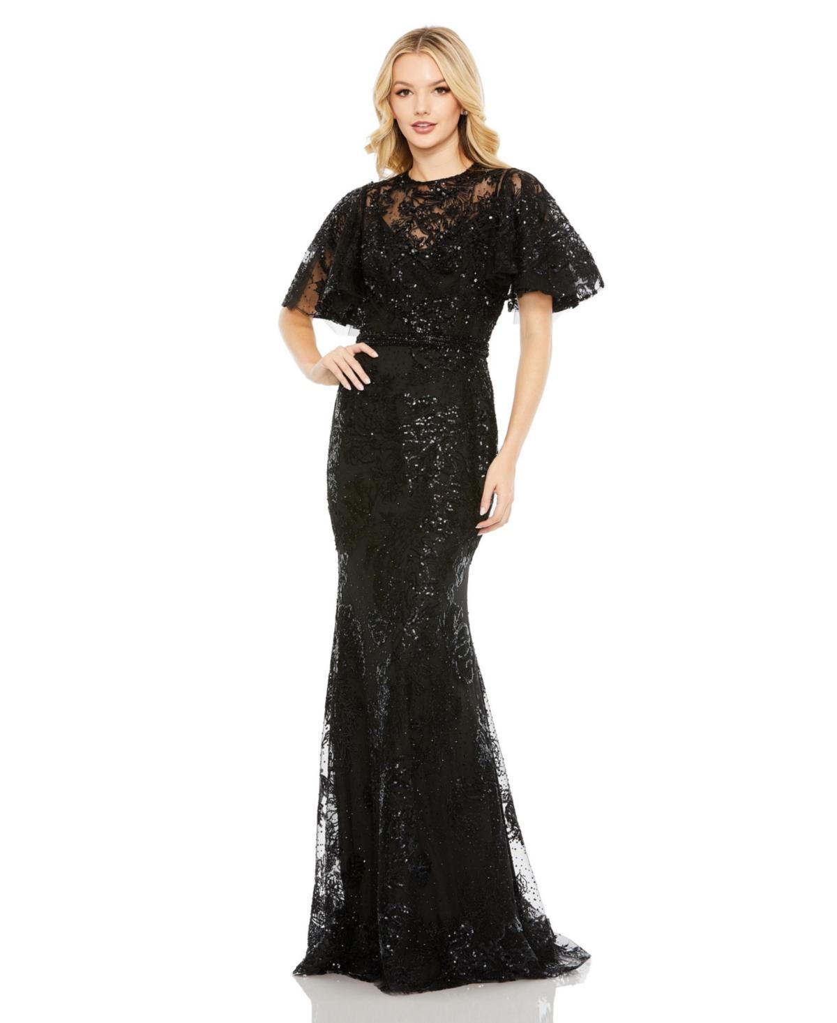 Womens Embellished Flutter-Sleeve High-Neck Gown Product Image