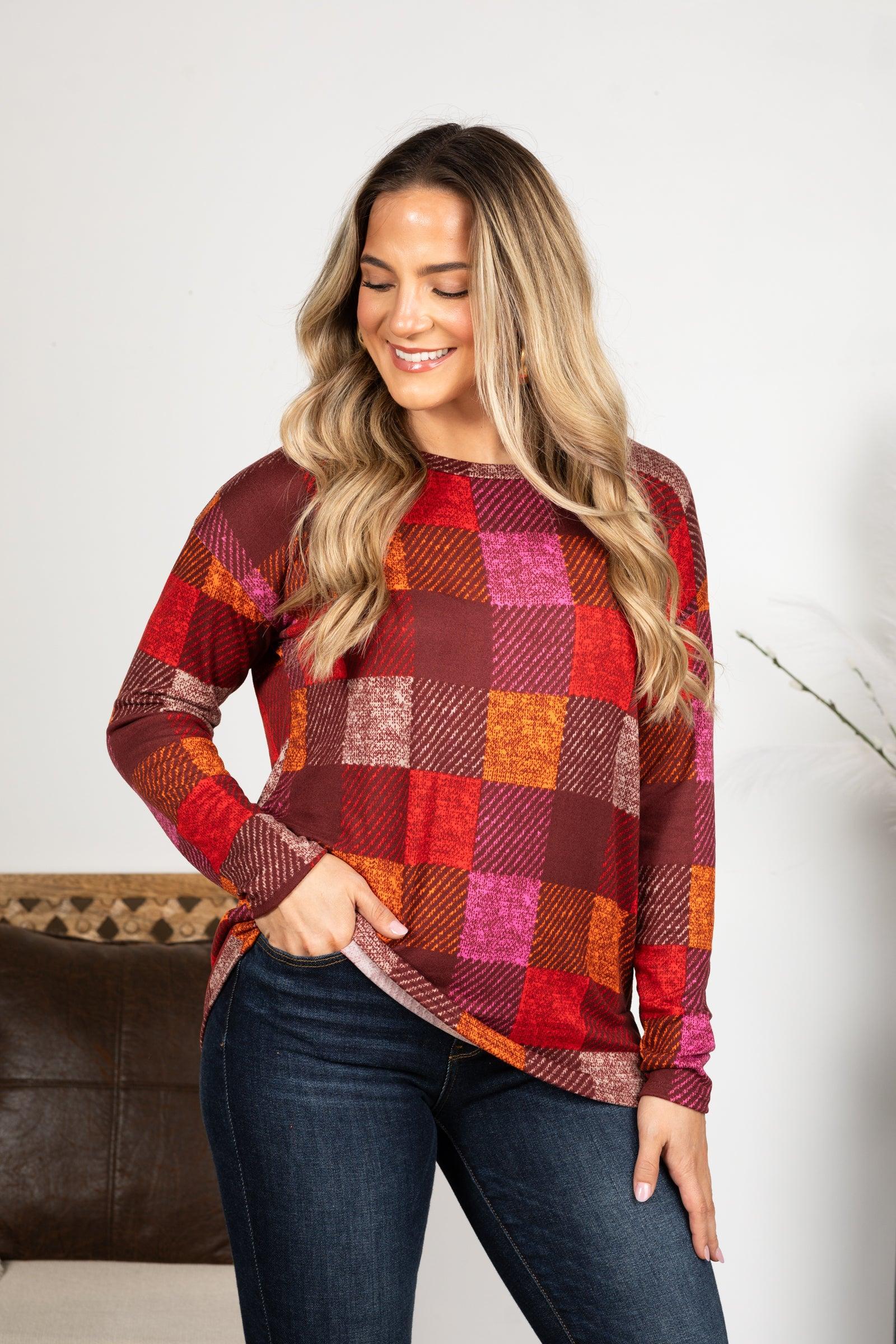 Burgundy Checker Plaid Soft Hacci Knit Top Product Image