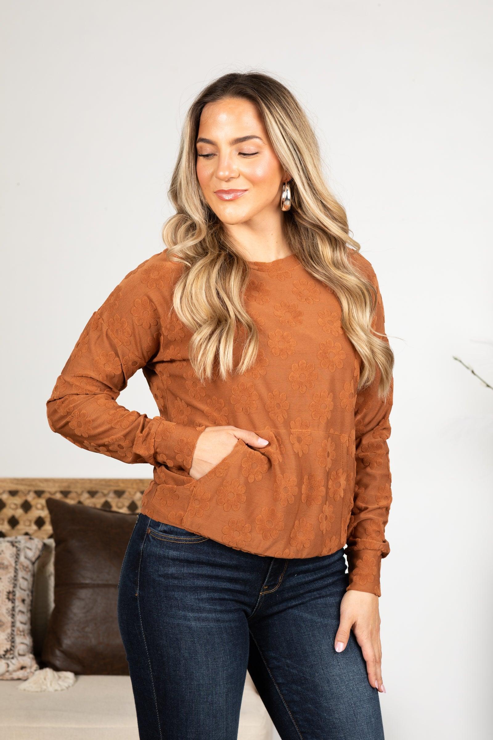 Brushed Floral Textured Long Sleeve Knit Top Product Image