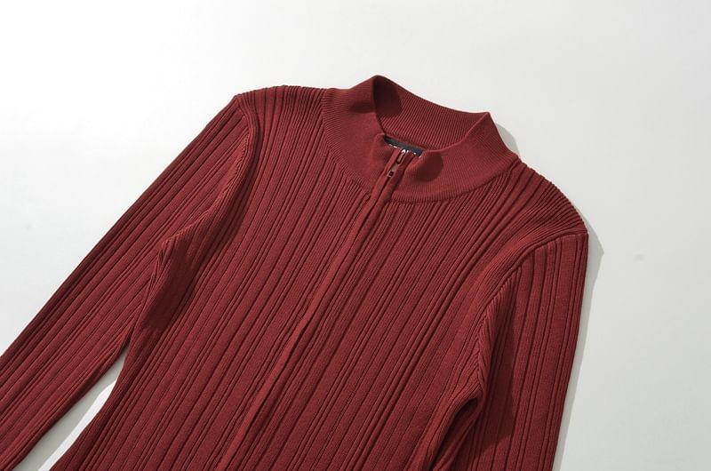 Long-Sleeve Plain Ribbed Zip-Up Knit Top Product Image