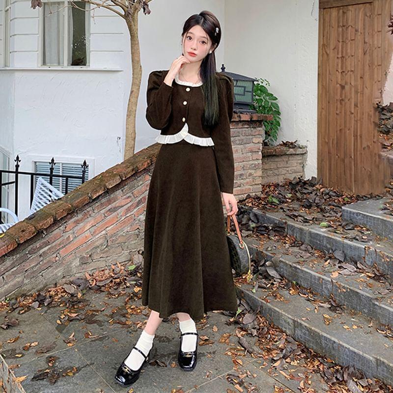 Set: Long-Sleeve Square Neck Corduroy Crop Blouse + High Rise Maxi A-Line Skirt Product Image