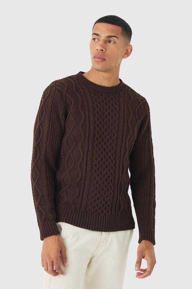 Mens Brown Regular Cable Knit Jumper, Brown Product Image