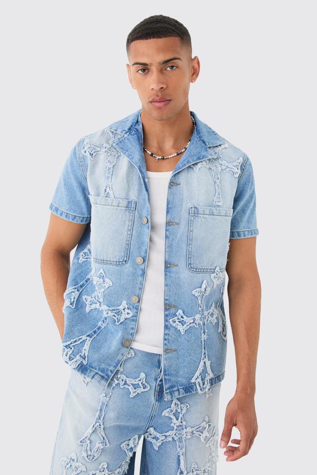 Mens Distressed Cross Applique Denim Revere Shirt In Light Blue, Blue Product Image