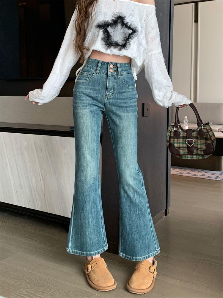 High Waist Washed Bootcut Jeans Product Image