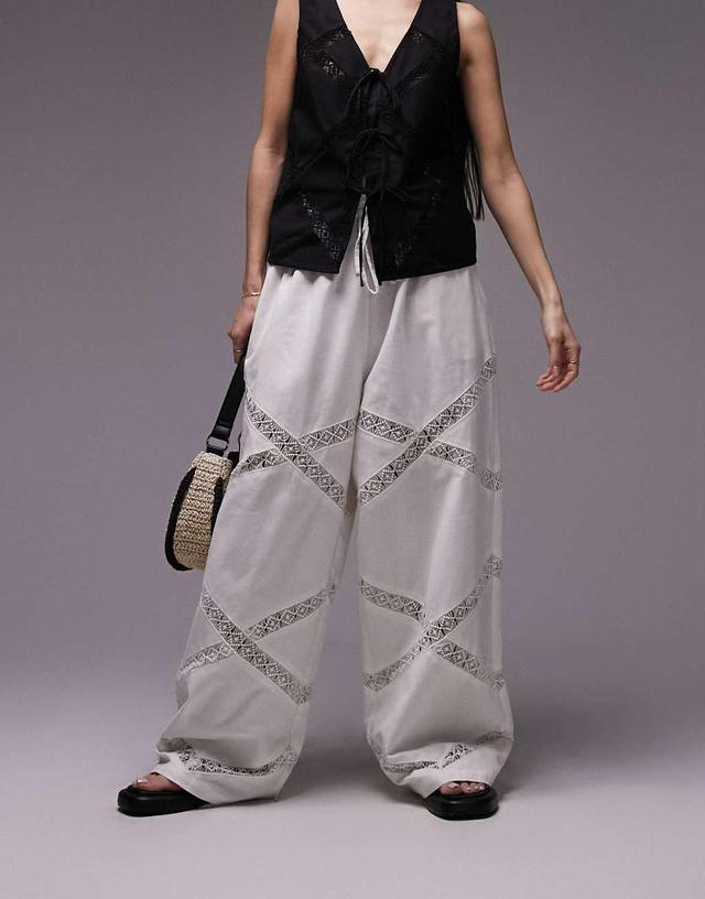 Topshop linen lace insert elasticated wide leg pants in white Product Image