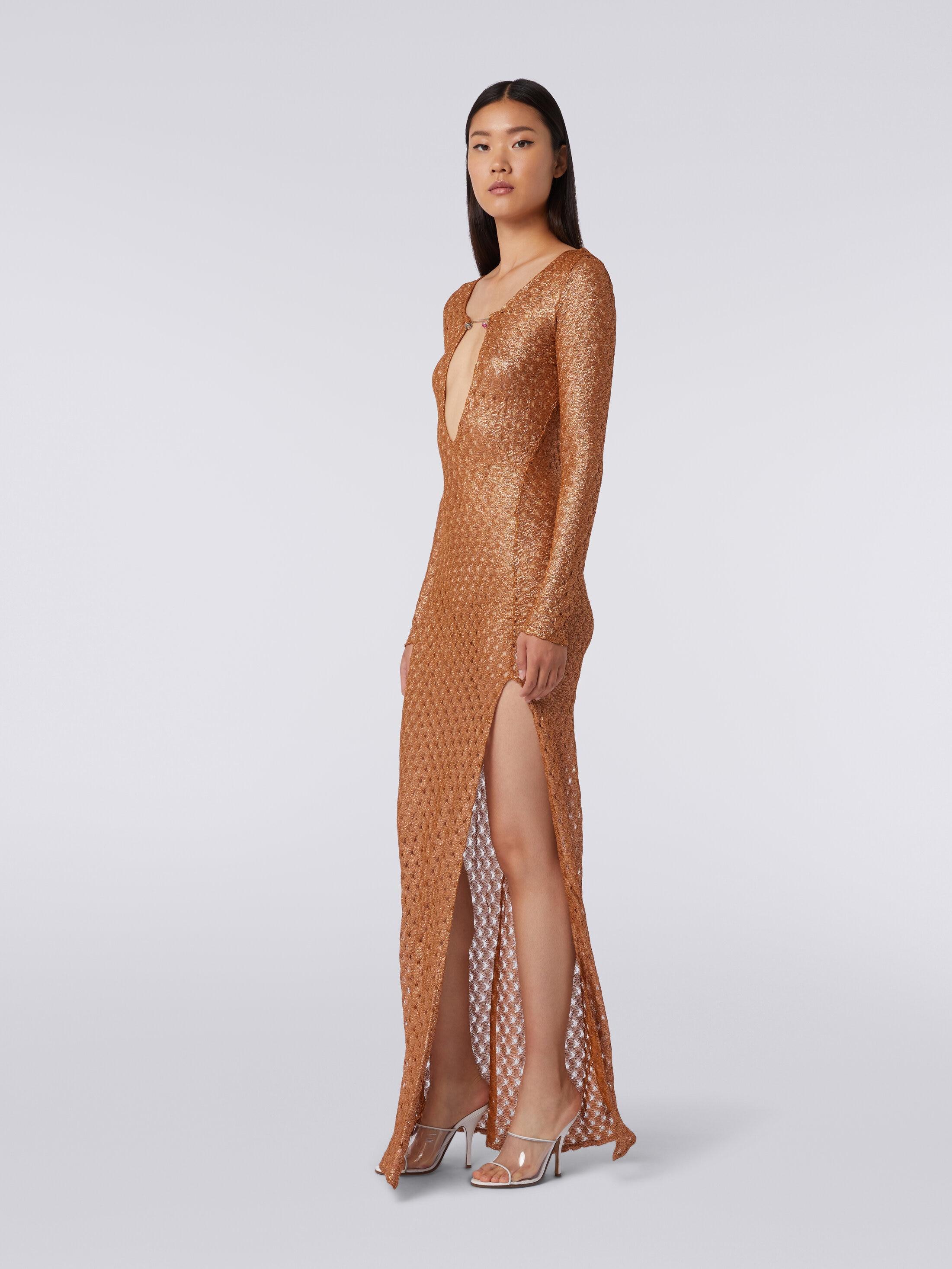 Long lace-effect dress with V neckline and appliqués Product Image