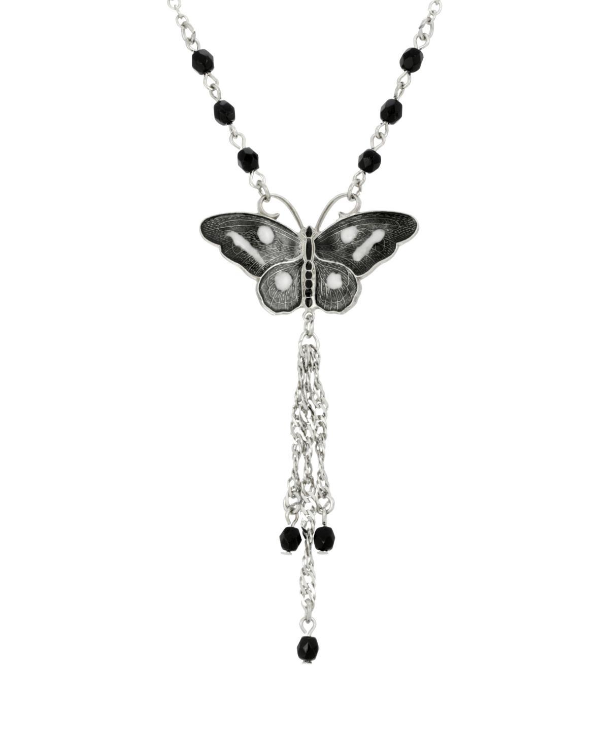 1928 Silver Tone Black & White Butterfly Tassel Necklace, Womens Product Image