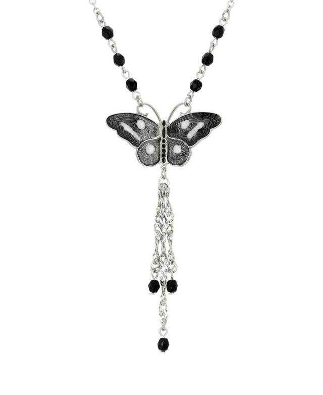 1928 Silver Tone Black & White Butterfly Tassel Necklace, Womens Product Image