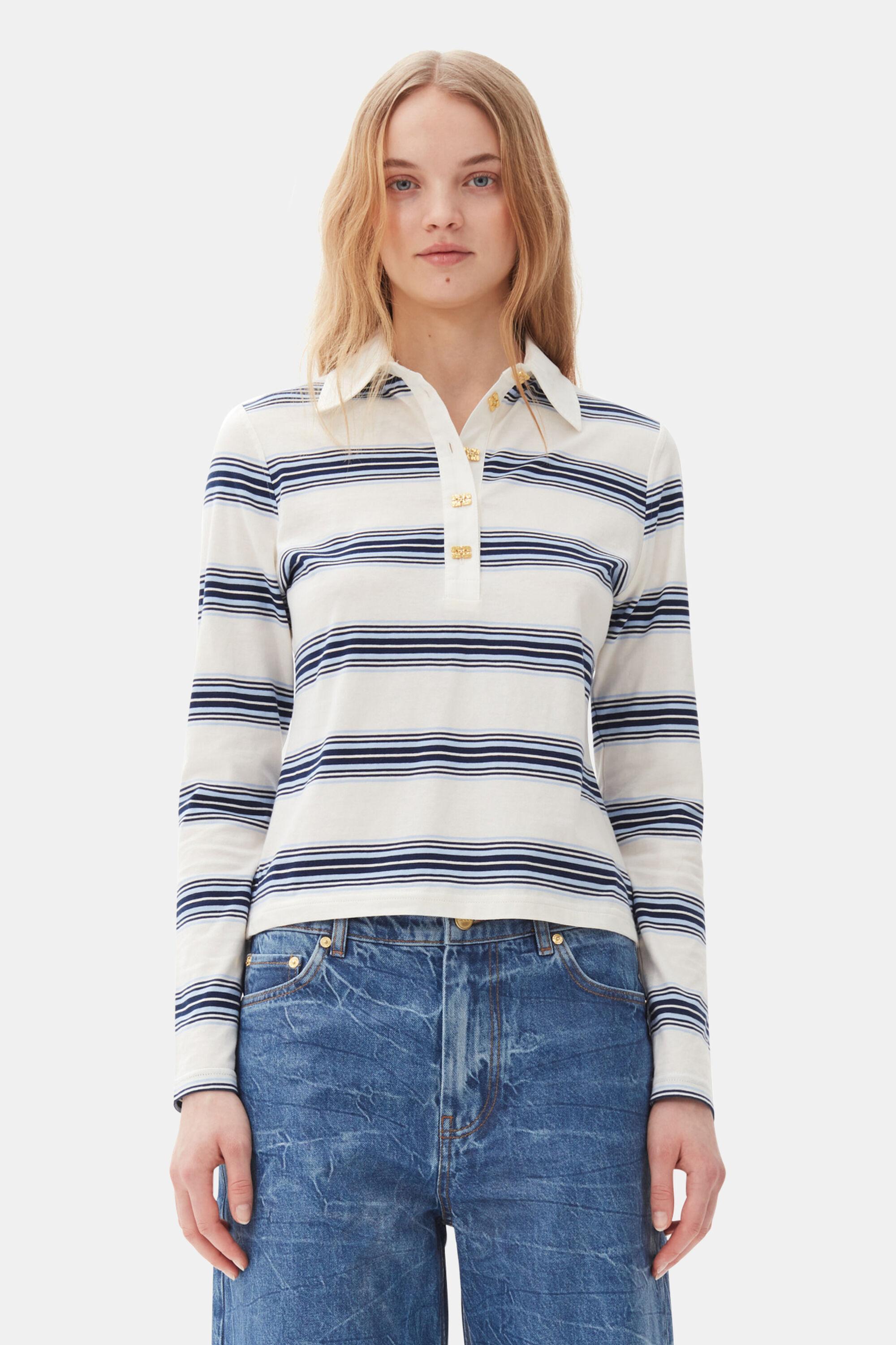 Blue Striped Long Sleeve Polo Shirt Product Image