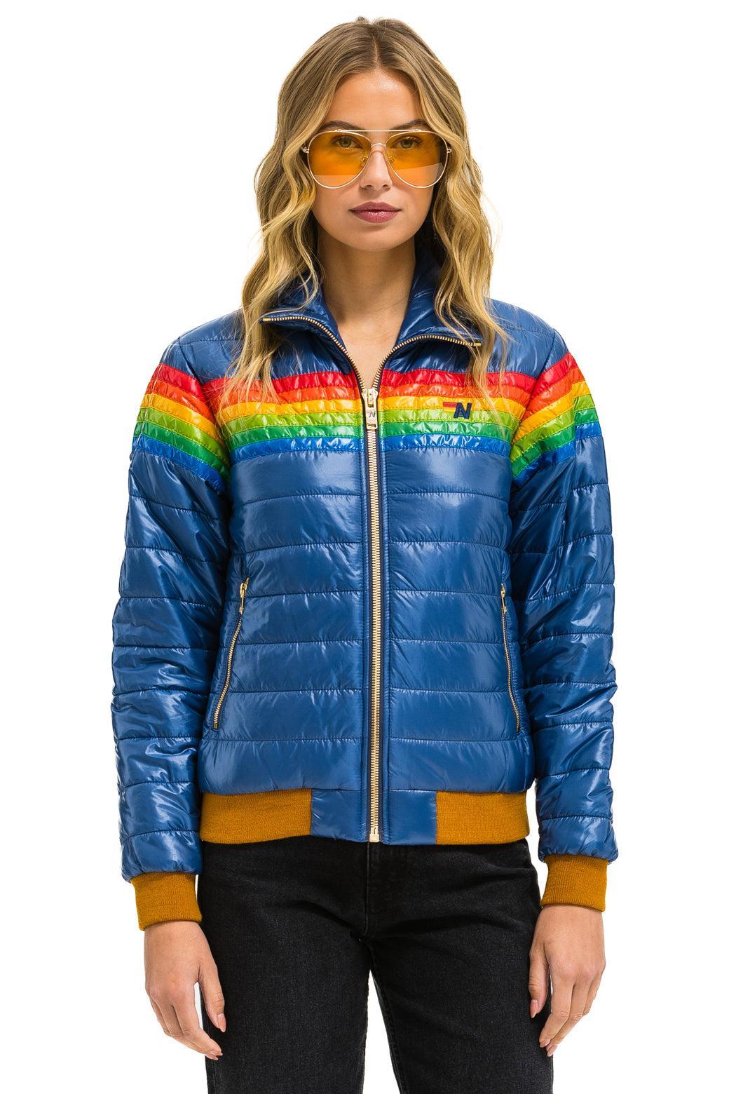 6 STRIPE RAINBOW SLEEVE JACKET -  GLOSSY DEEP BLUE Female Product Image