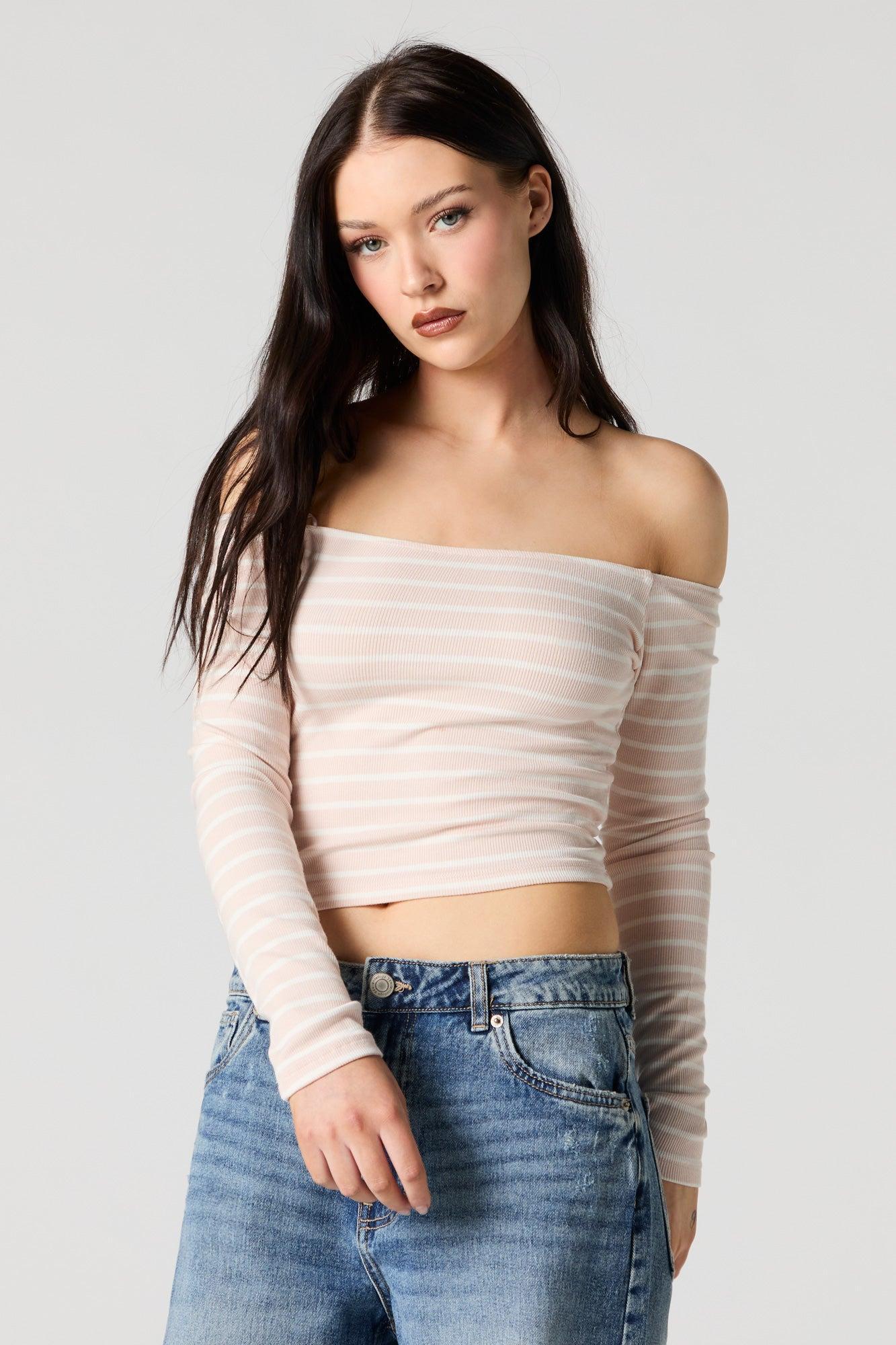 Striped Ribbed Off Shoulder Long Sleeve Top Female Product Image