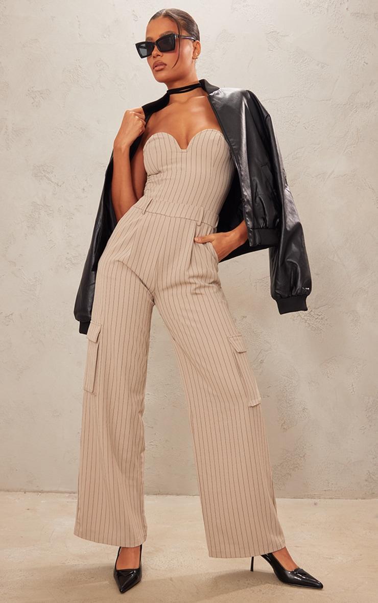 Stone Pinstripe Bandeau Wide Leg Jumpsuit Product Image