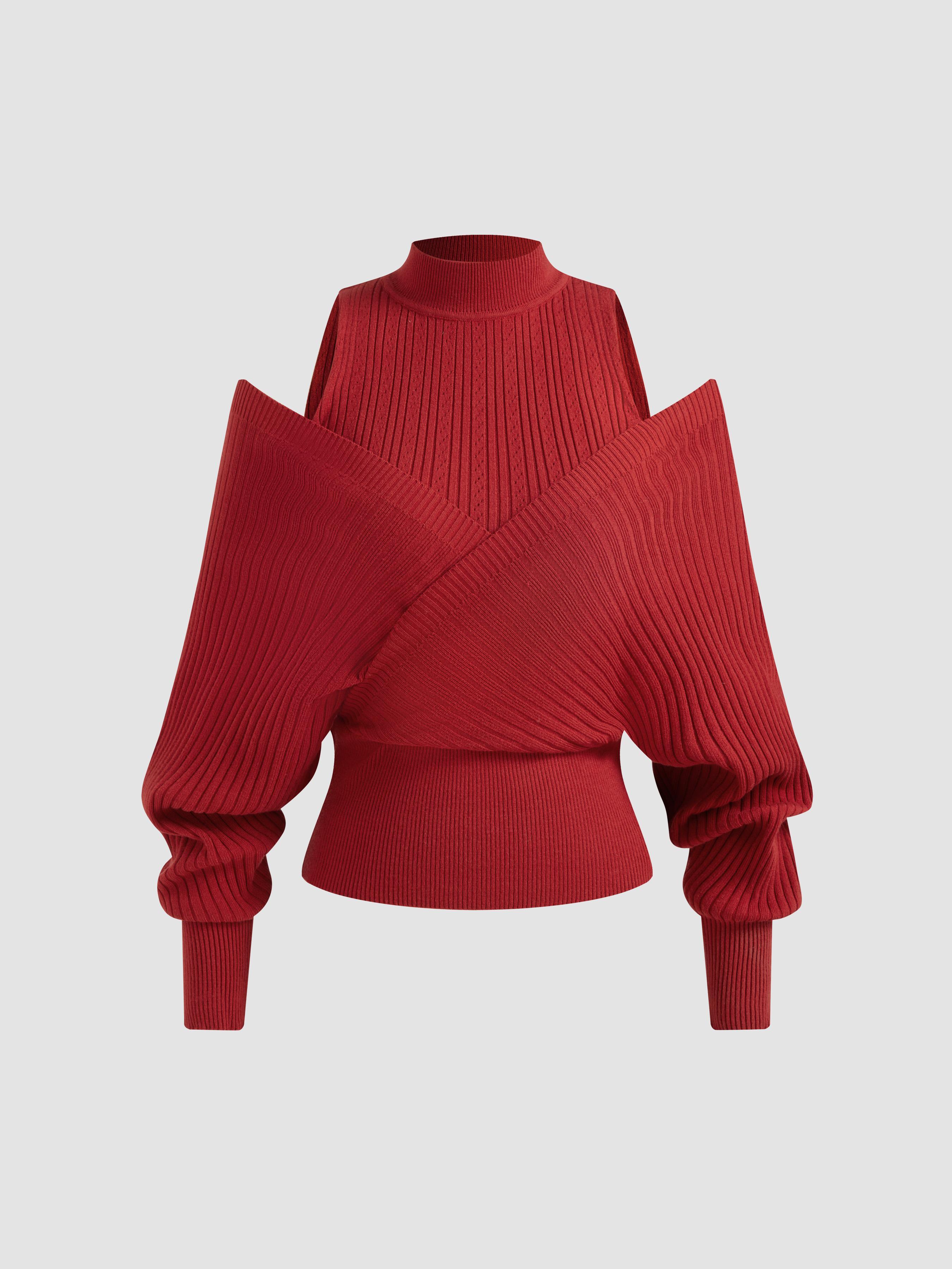 Knitted High Neck Solid Cut Out  Long Sleeve Top Product Image