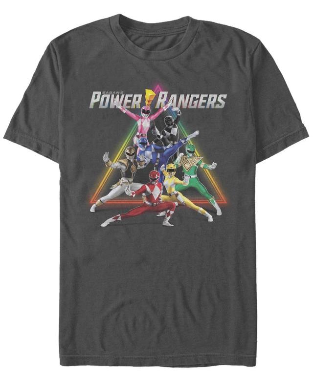 Mens Power Rangers Group Shot Triangle Rainbow Tee Grey Product Image