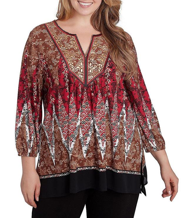 Ruby Rd. Plus Size Printed Embellished Crepe Knit Split V-Neck 3/4 Sleeve Top Product Image