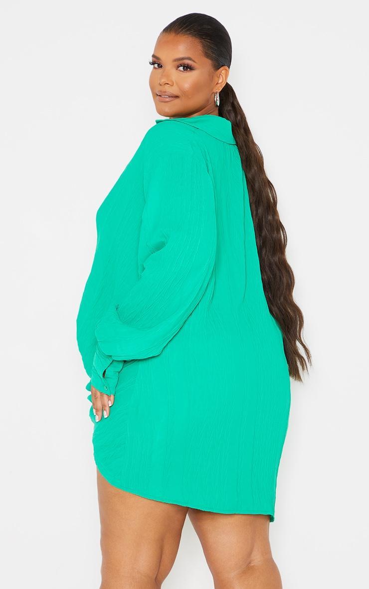 Plus Green Textured Gathered Detail Long Sleeve Shirt Dress Product Image