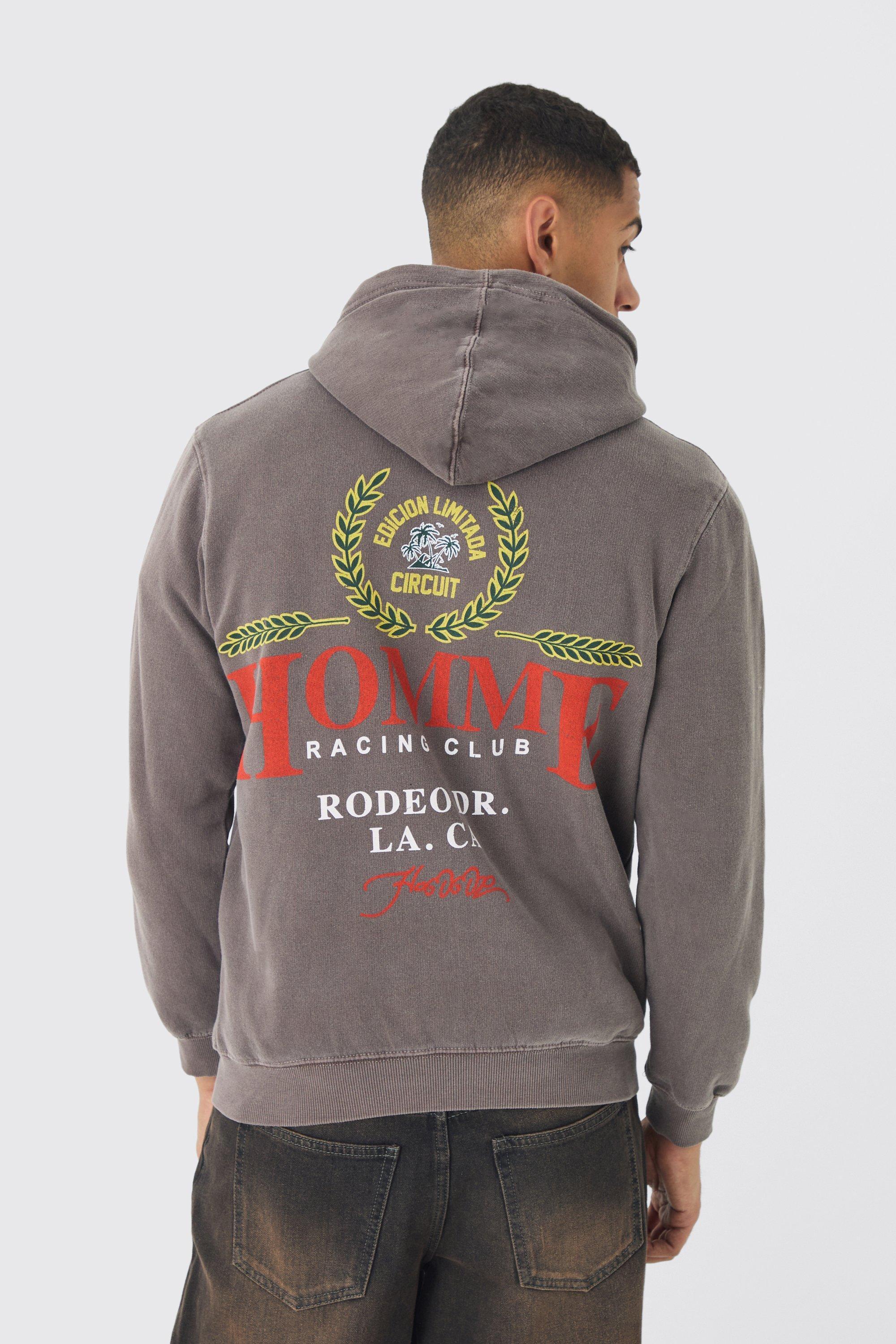 Oversized Washed Zip Through Homme Print Hoodie | boohooMAN USA Product Image