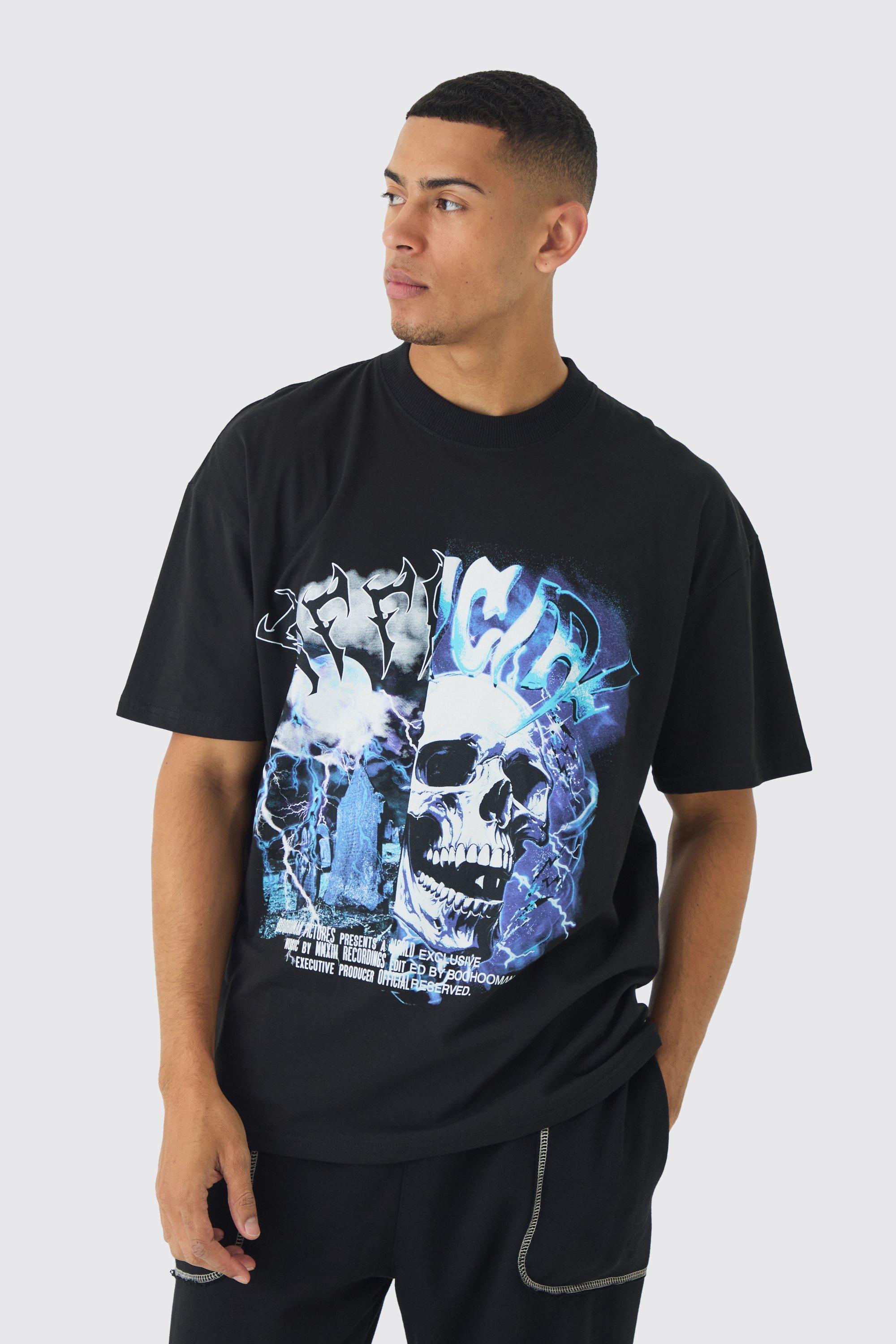 Oversized Extended Neck Gothic Print T-Shirt | boohooMAN USA Product Image