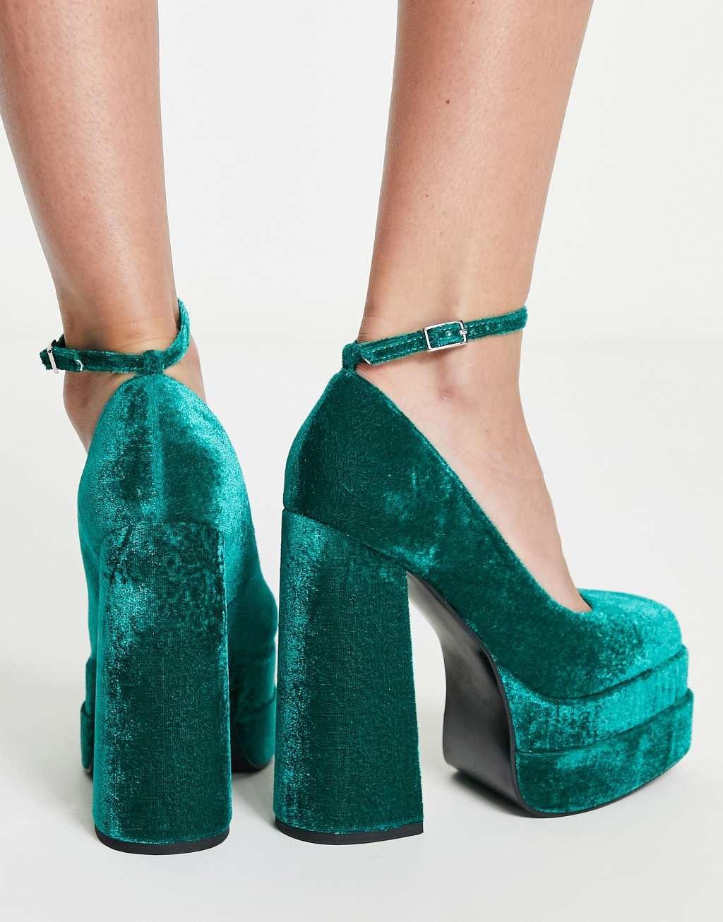 ASOS DESIGN Pistol double platform heeled shoes in teal velvet  Product Image