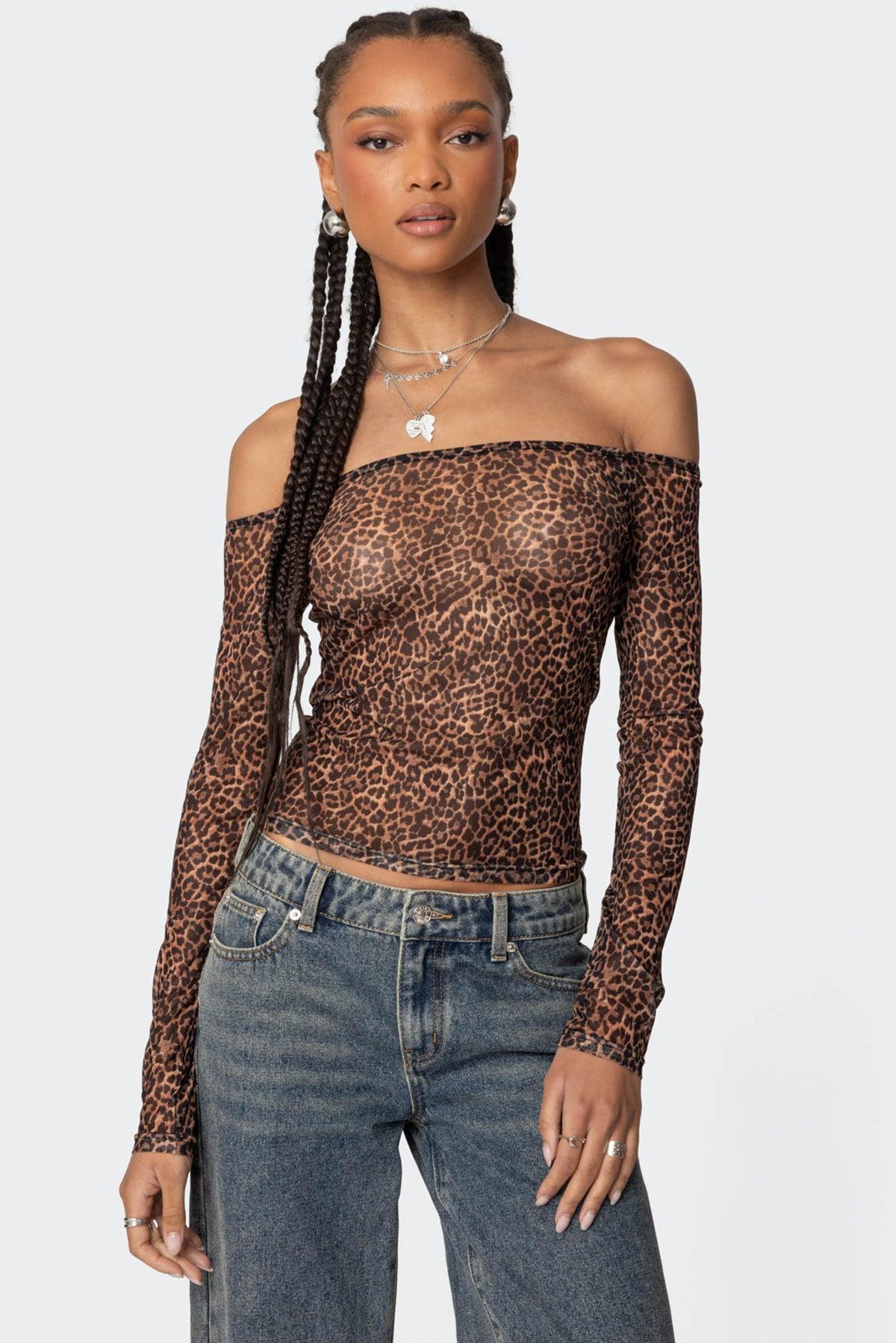 Leopard Sheer Mesh Off Shoulder Top Product Image