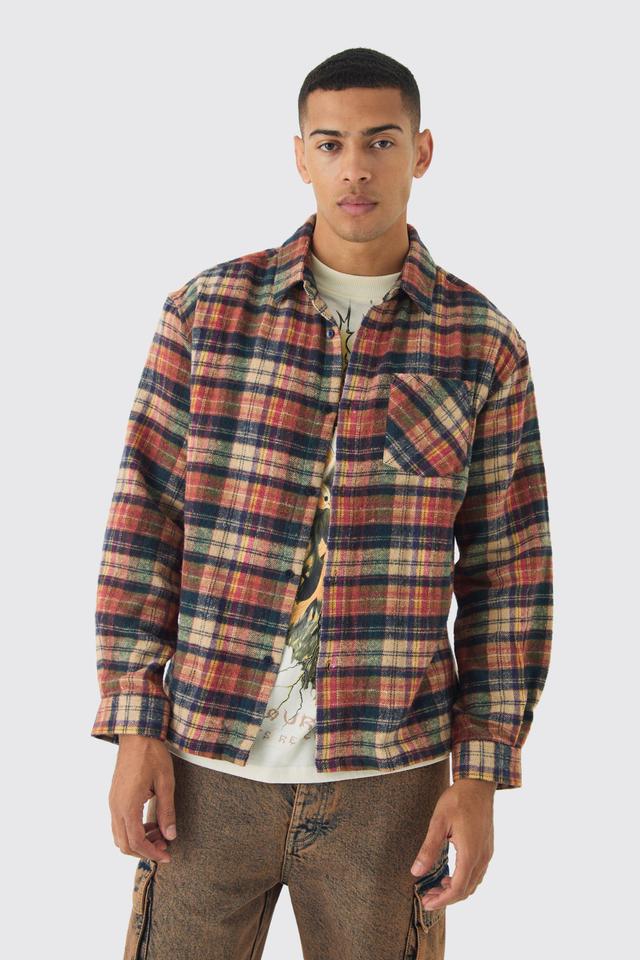 Mens Brown Oversized check Long Sleeve Check Shirt, Brown Product Image