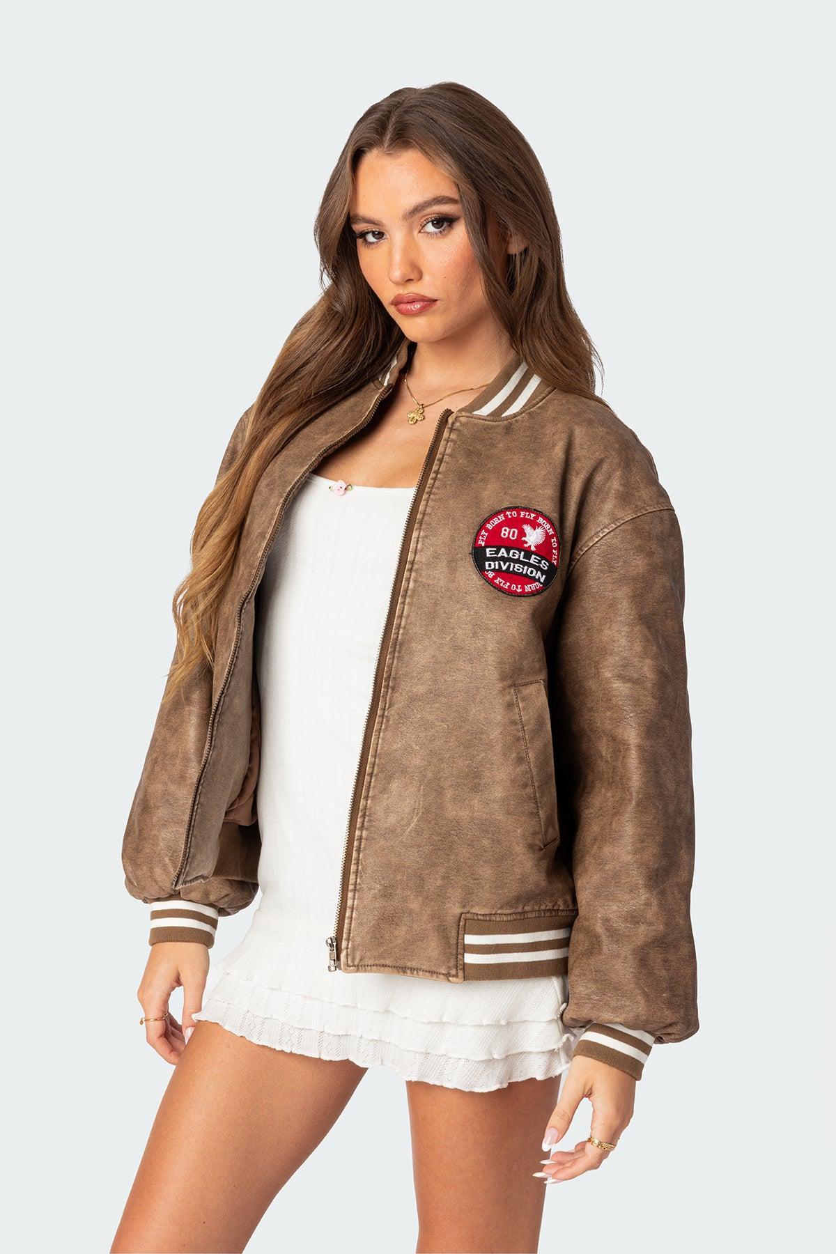 Washed Faux Leather Bomber Jacket Product Image