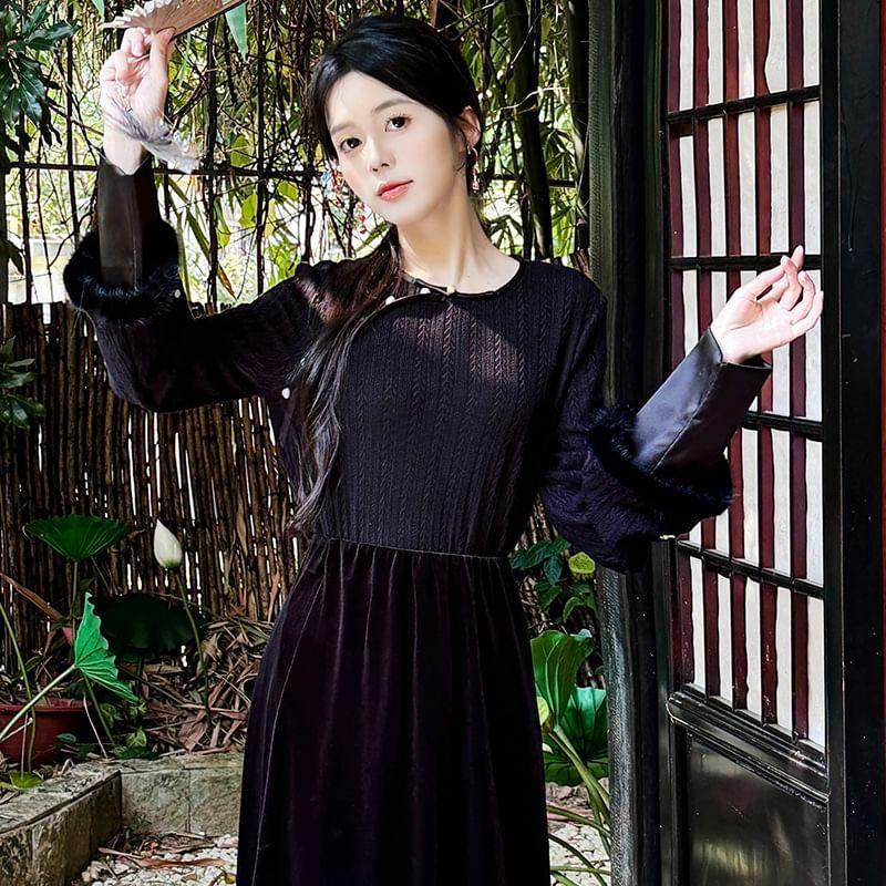 Long-Sleeve Crew Neck Floral Embroidered Top / High Rise Midi A-Line Velvet Skirt / Vest Product Image