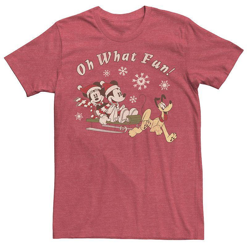 Disneys Mickey, Minnie And Pluto Oh What Fun! Christmas Sled Mens Tee Red Grey Product Image