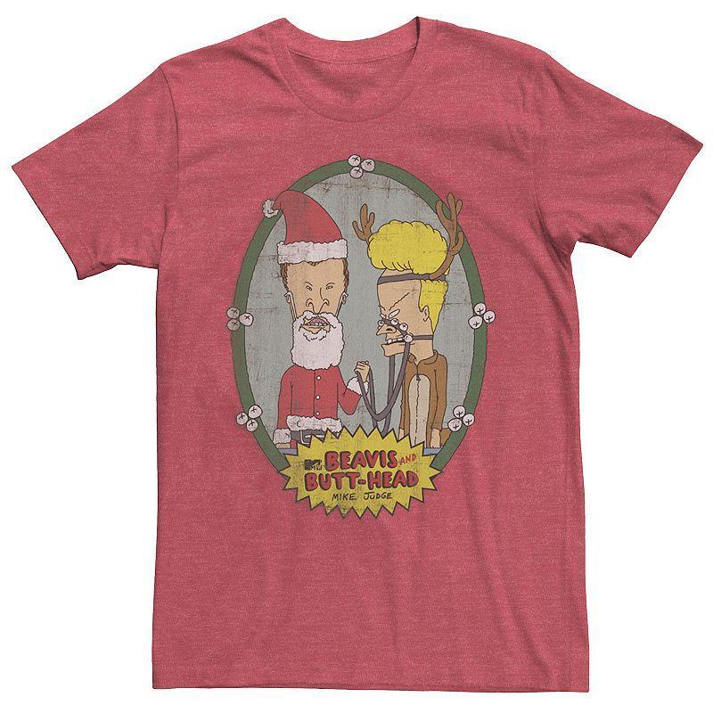 Mens Beavis And Butthead Christmas Portrait Tee Red Grey Product Image