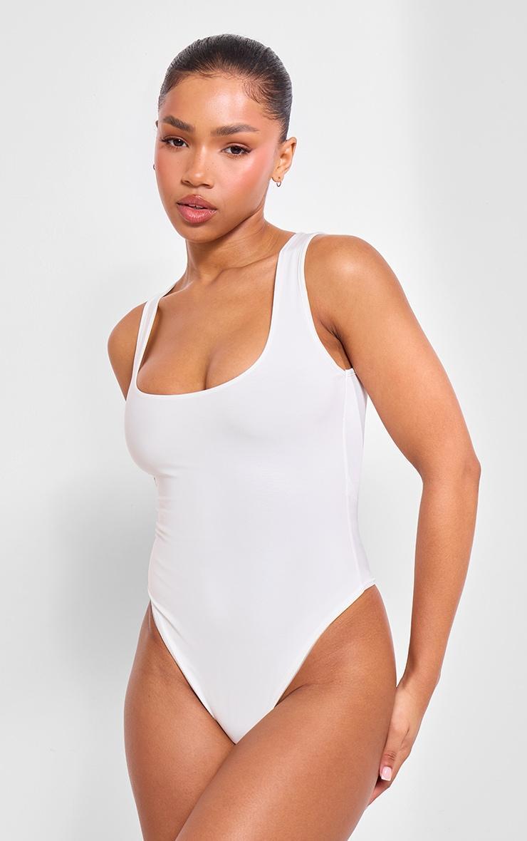 Basic White Cotton Blend Racer Back Bodysuit Product Image