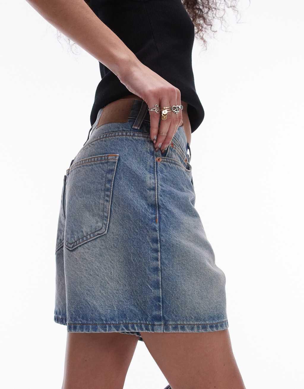 Topshop denim Editor shorts with tint in mid blue Product Image