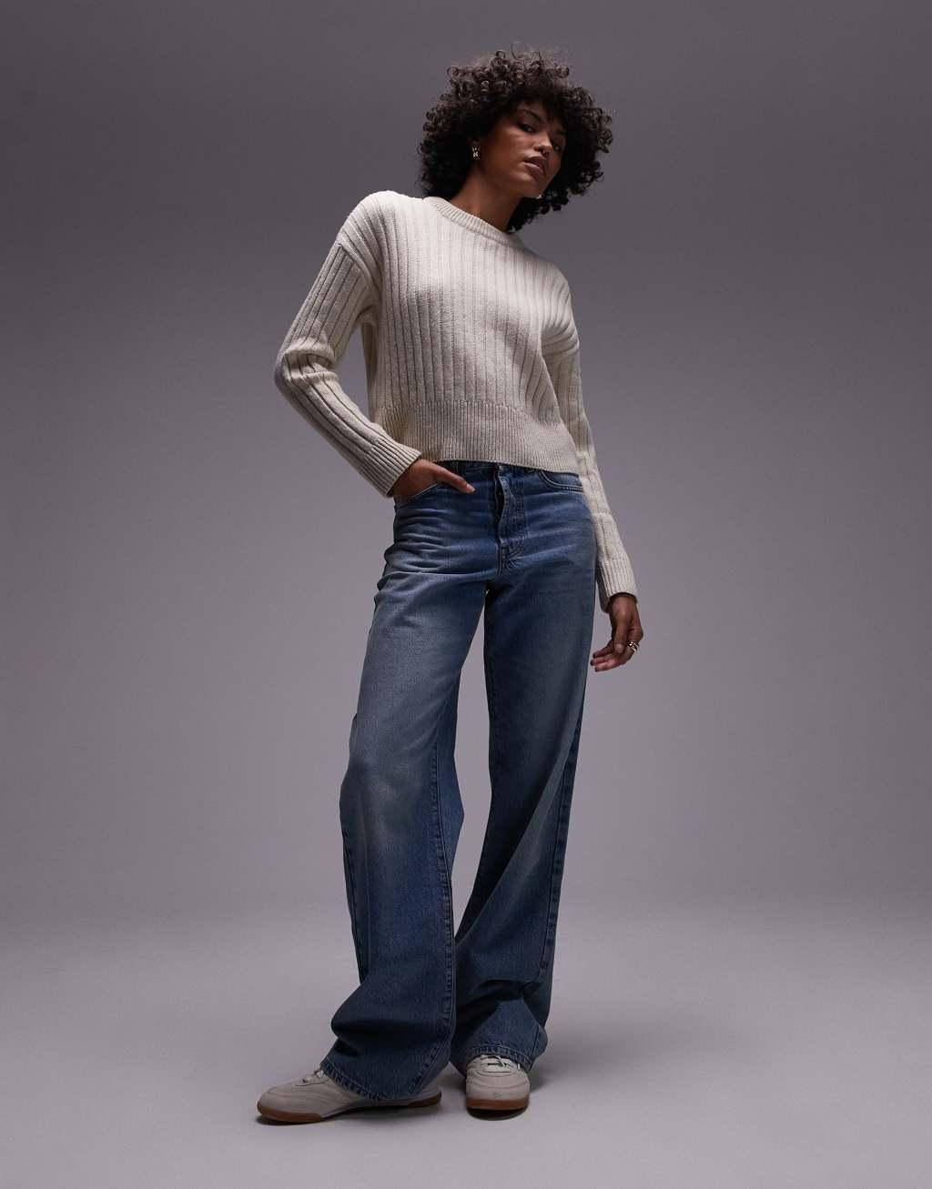 Mango chunky ribbed round neck sweater in oatmeal Product Image