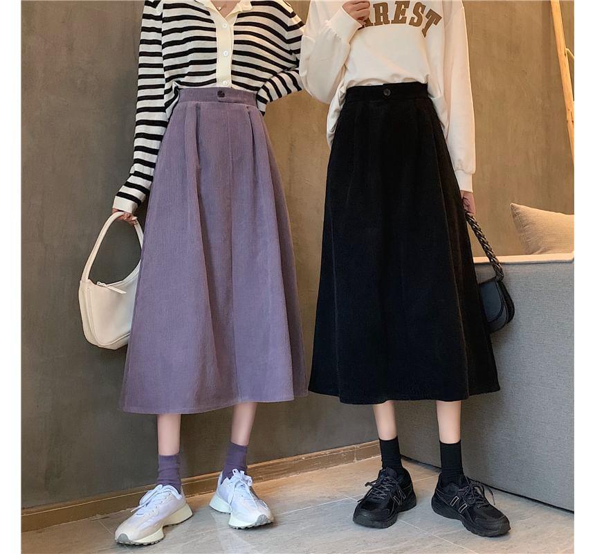 High-Waist Corduroy A-Line Midi Skirt Product Image