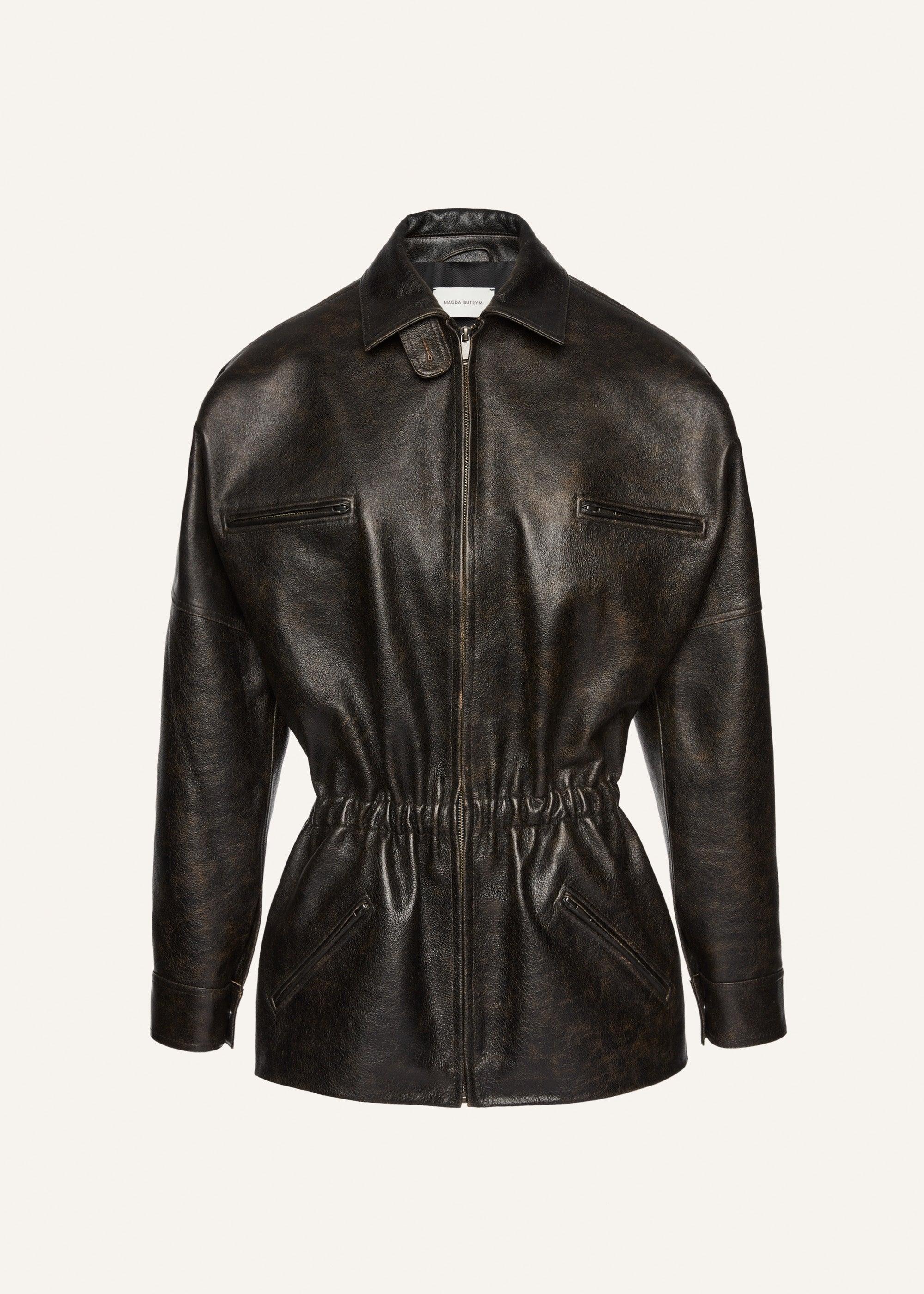 Cinched leather jacket in brown Product Image