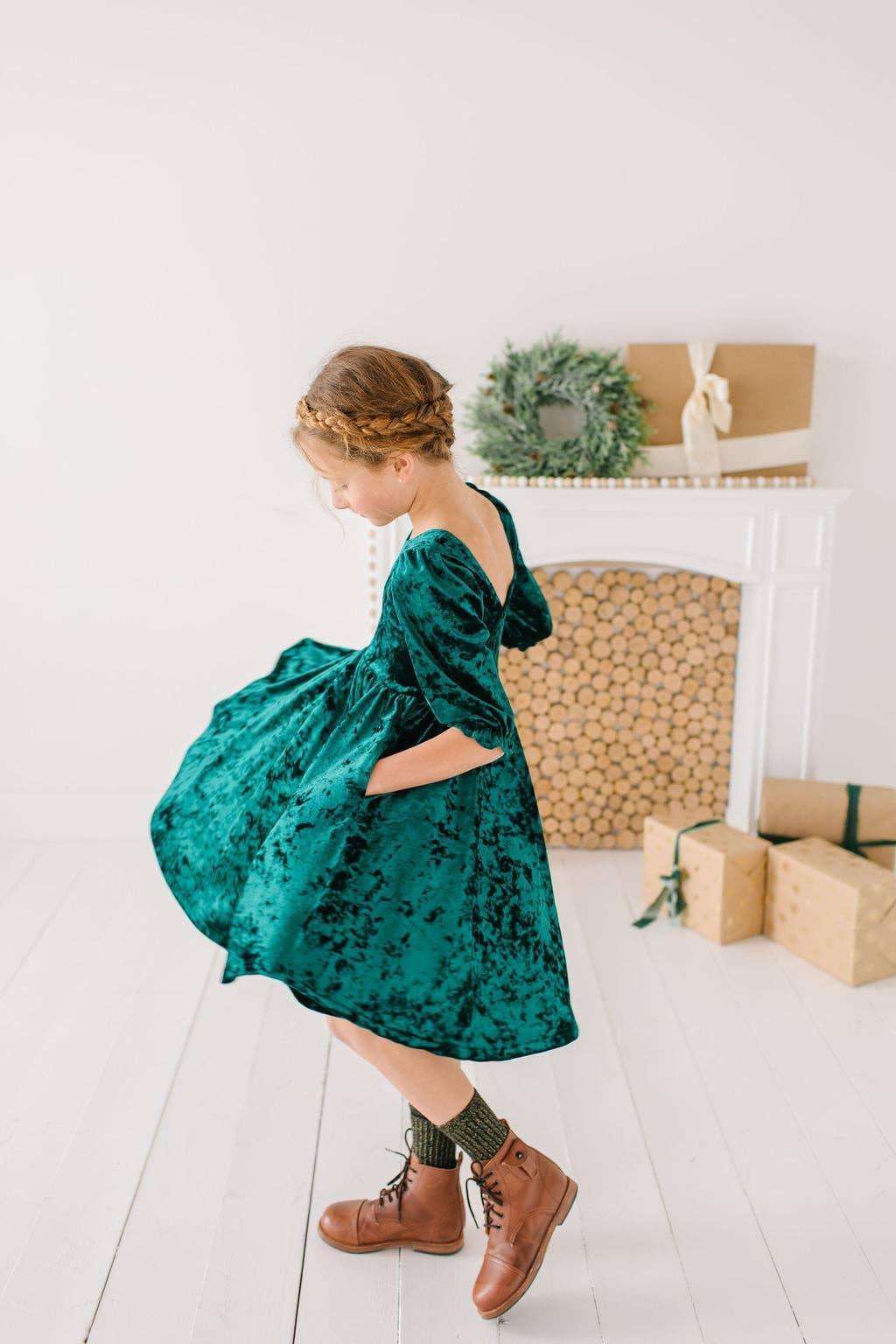 Ollie Jay - Pippa Dress in Crushed Green Velvet Girls Product Image