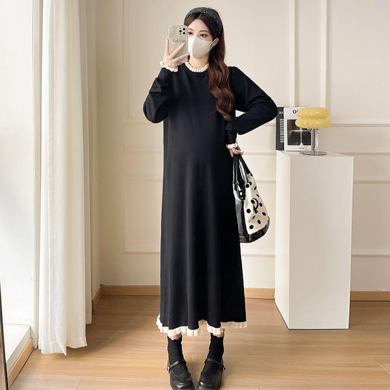 Maternity Long-Sleeve Round Neck Two Tone Midi Sweater Dress Product Image