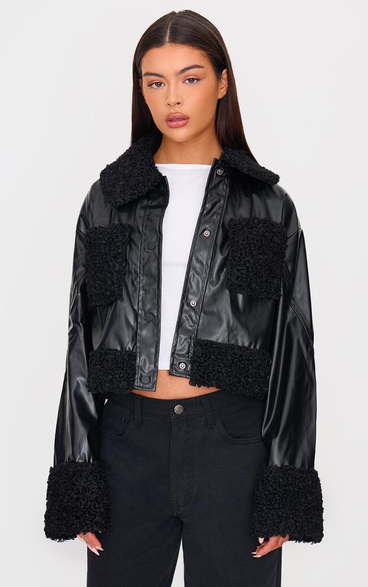 Black Borg Pocket Front Faux Leather Cropped Coat Product Image