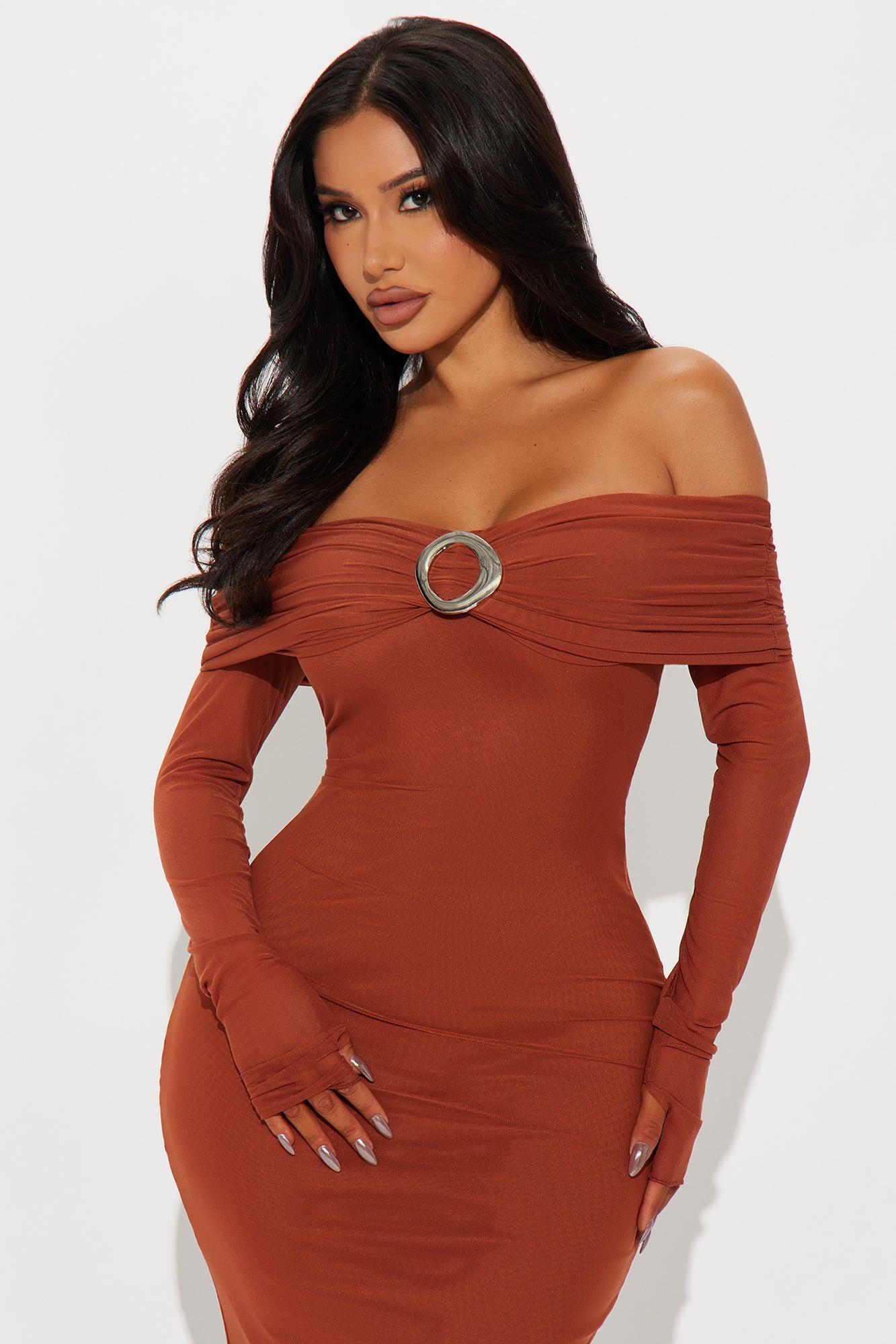 Moving Different Mesh Maxi Dress - Cognac Product Image